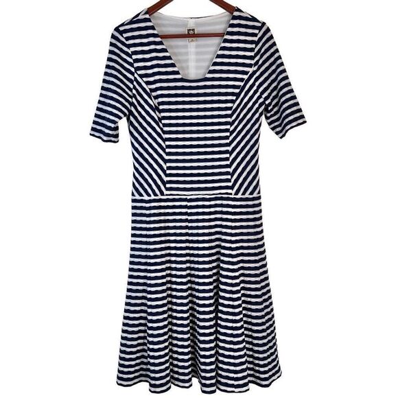 Anne Klein Navy & White Striped Skater Dress Womens 10 Modern Preppy Stretch - Picture 1 of 10